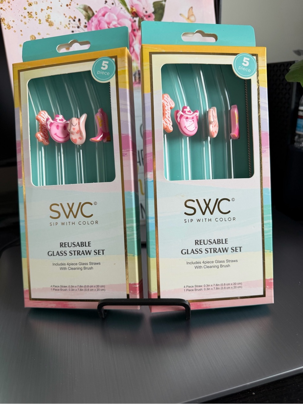 SWC Reusable Glass Straw Set - Pink Accent Charms set of 8 with cleaning brush .